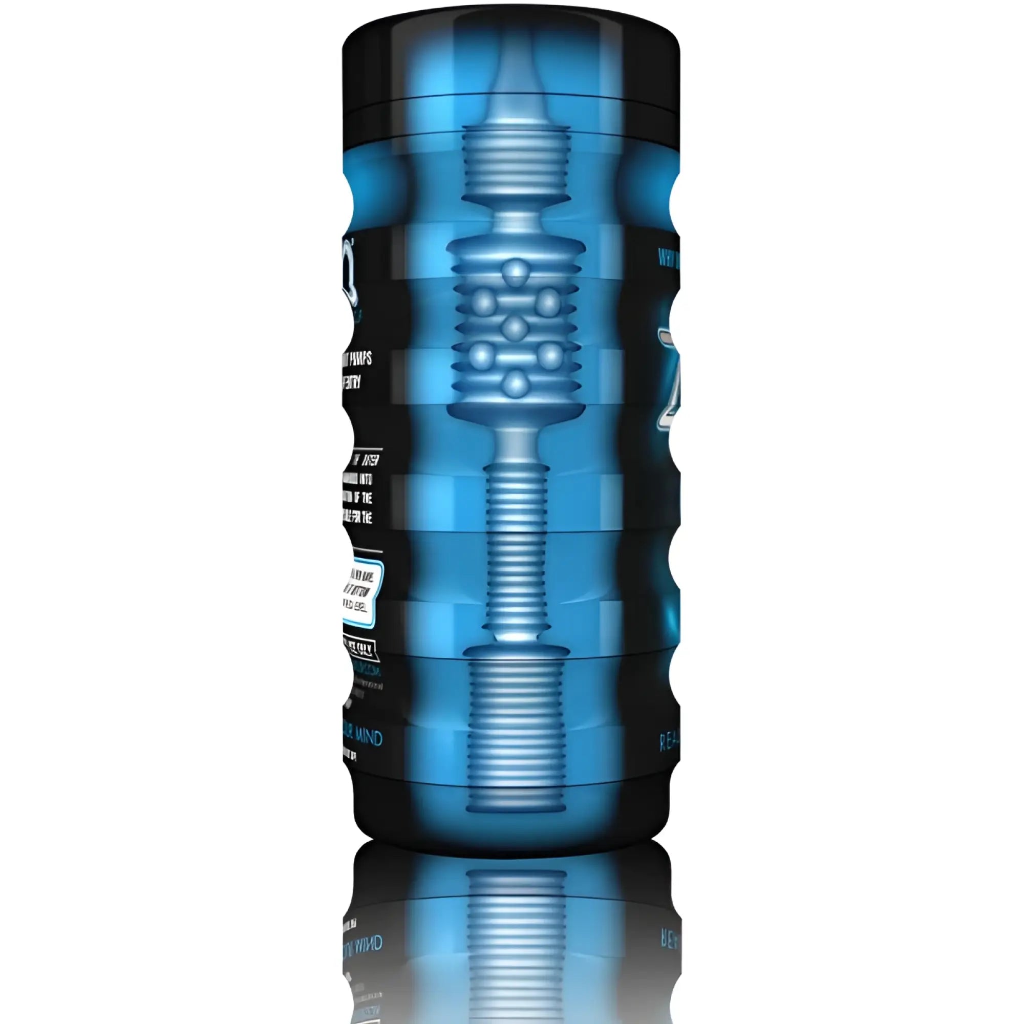 Blue translucent cylindrical zolo back door cup with black textured ends and visible internal mechanical components