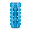 Blue translucent silicone cylindrical massager with textured ridges and internal segmented design for ZOLO vibrating stroker