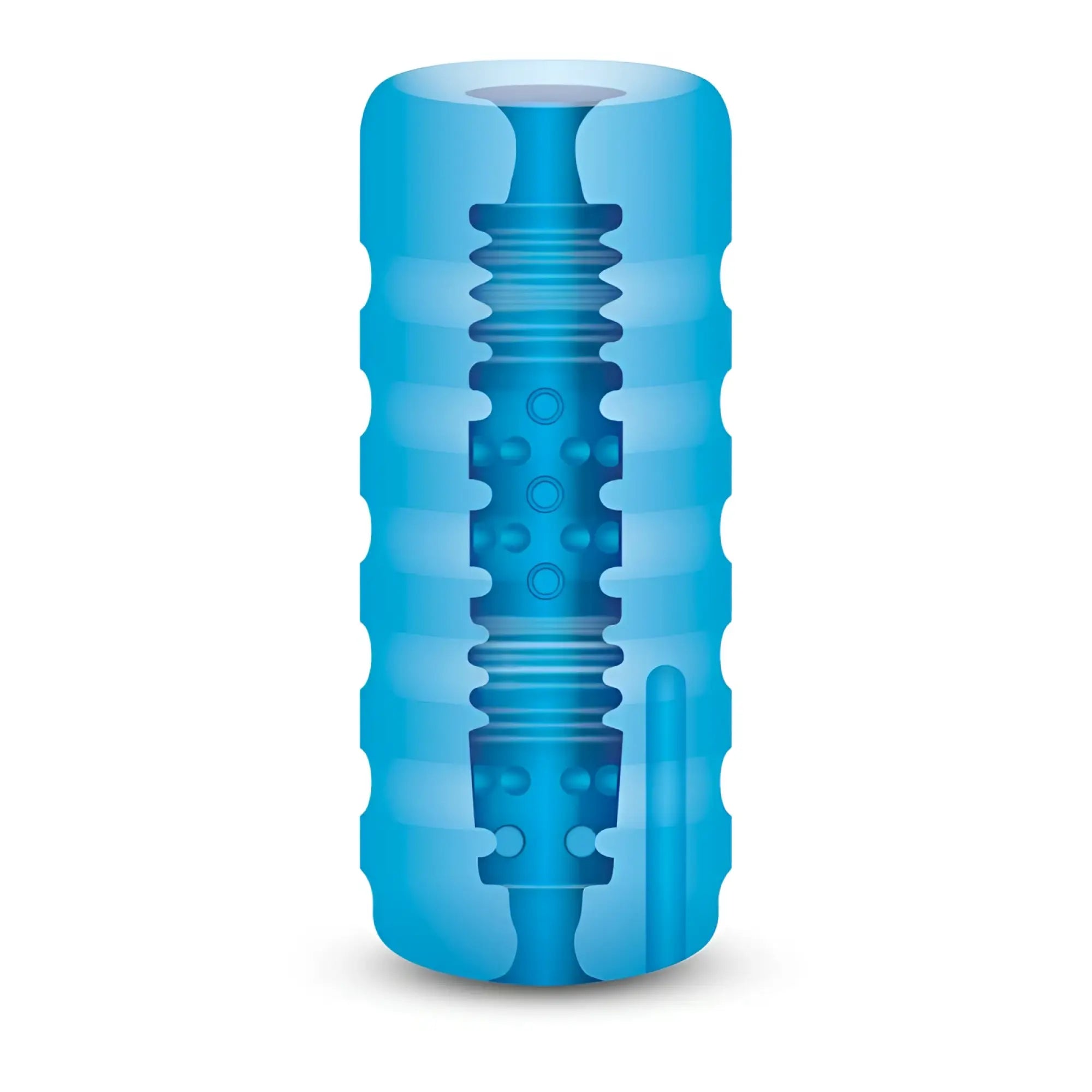 Blue translucent silicone cylindrical massager with textured ridges and internal segmented design for ZOLO vibrating stroker