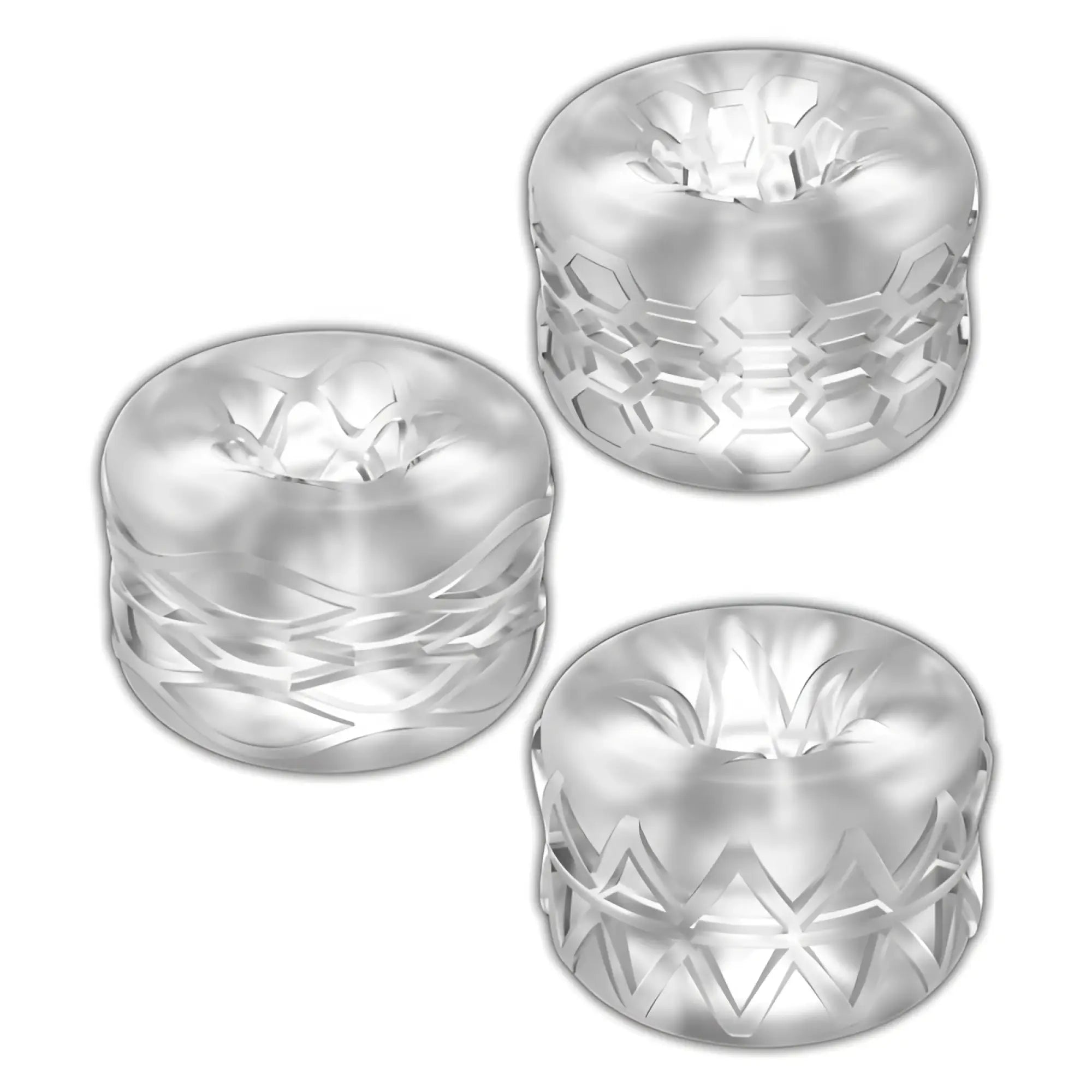 Clear transparent silicone rings with intricate geometric patterns etched on zolo bumperz 3 pc set