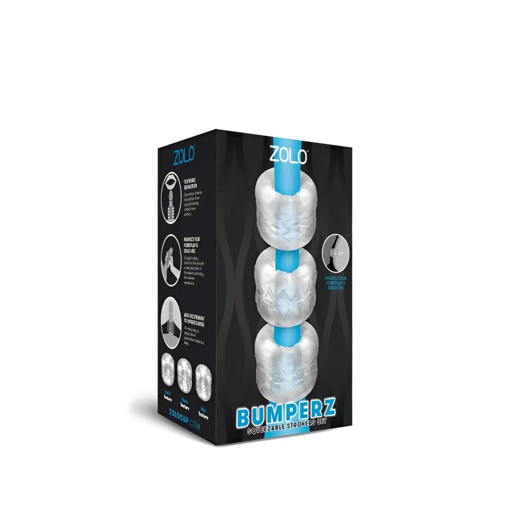 Zolo bumperz 3 pc squeezable stroked set in clear translucent silicone with blue accents for teething and play
