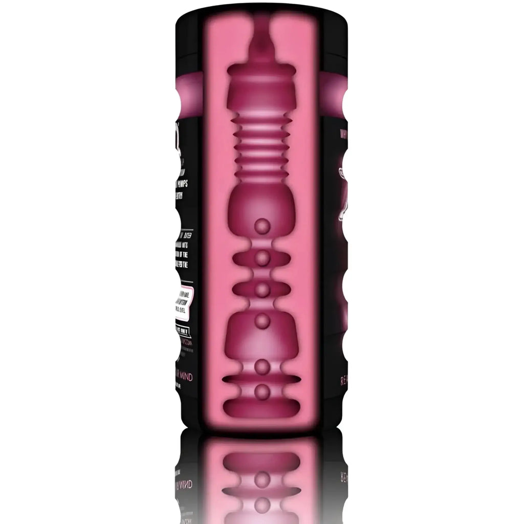 Pink translucent silicone insert inside a black textured cylindrical container of zolo zolo deep throat cup