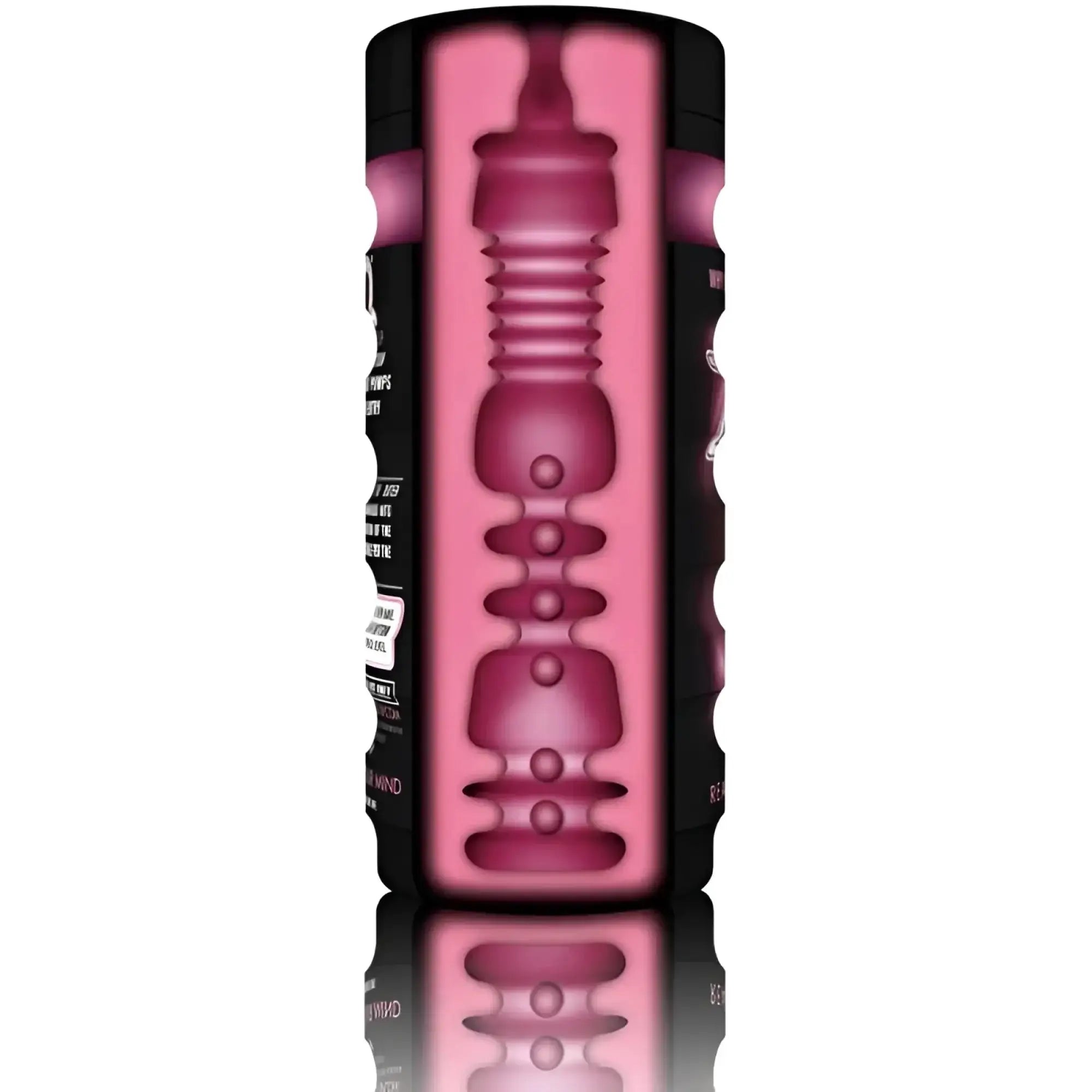 Pink translucent silicone insert inside a black textured cylindrical container of zolo zolo deep throat cup