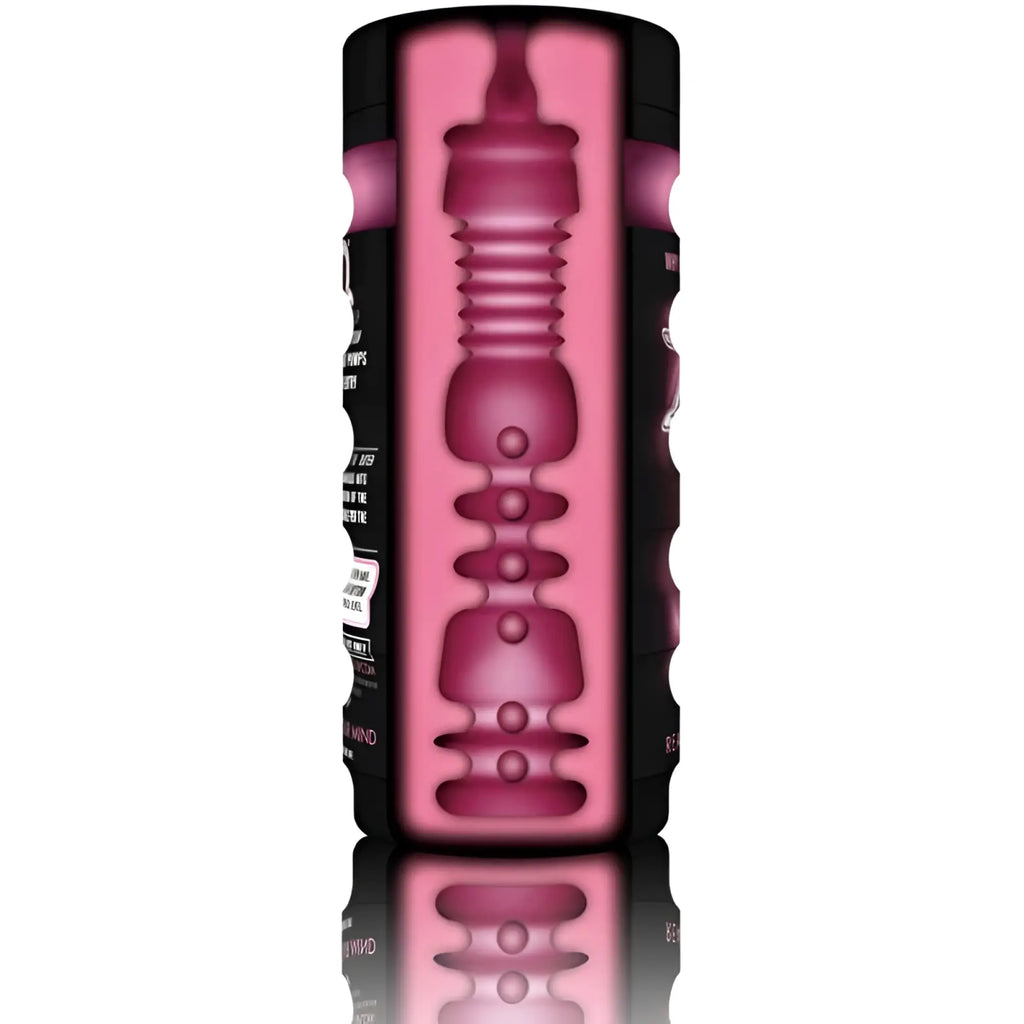 Pink translucent silicone insert inside a black textured cylindrical container of zolo zolo deep throat cup