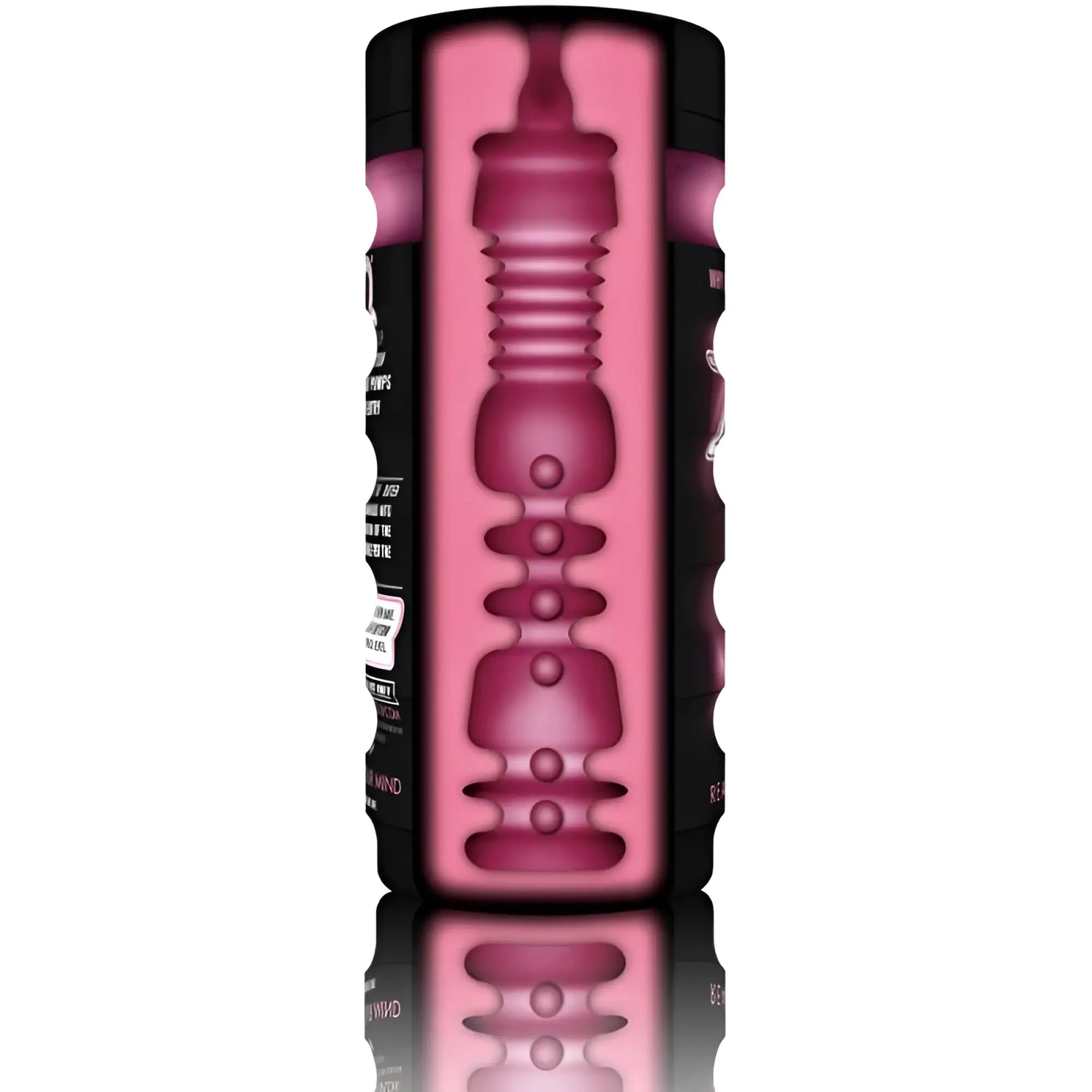Pink translucent silicone insert inside a black textured cylindrical container of zolo zolo deep throat cup