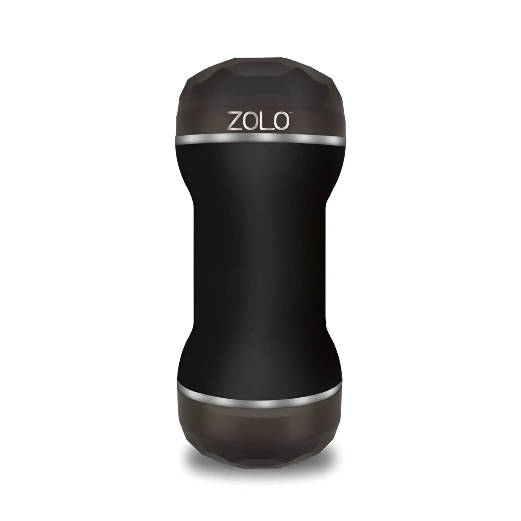 Black zolo zolo dp stroker personal care device with sleek faceted design and metallic silver accents