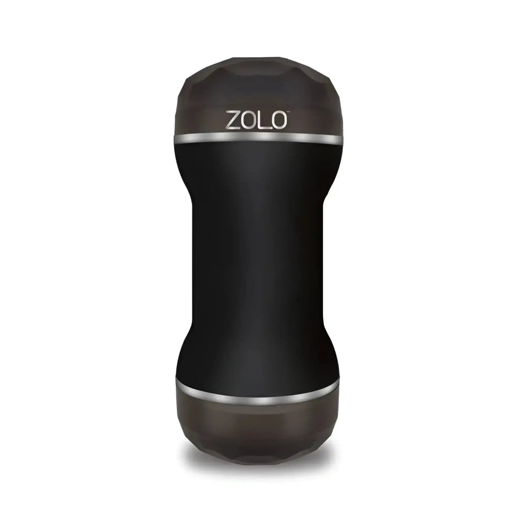 Black zolo zolo dp stroker personal care device with sleek faceted design and metallic silver accents