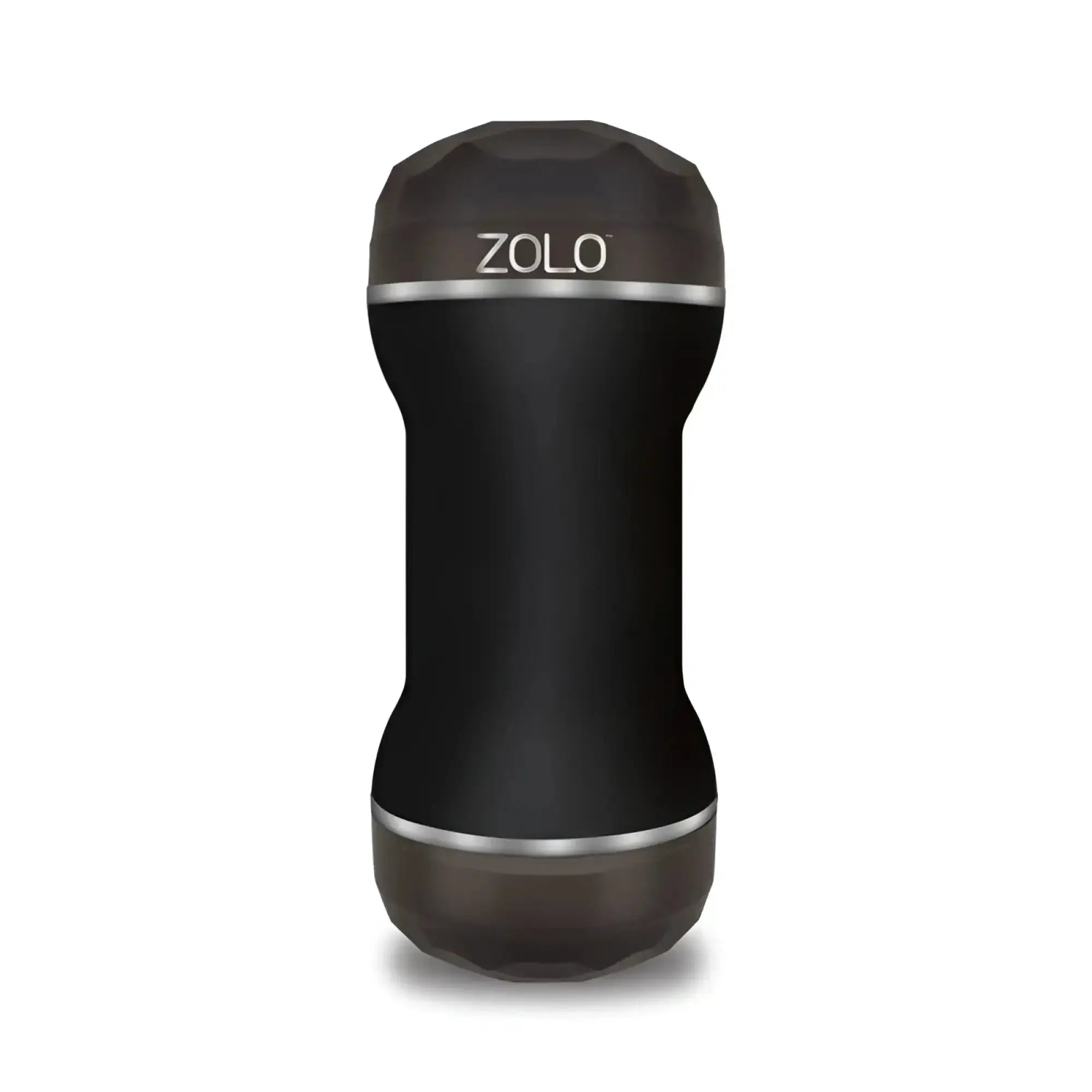 Black zolo zolo dp stroker personal care device with sleek faceted design and metallic silver accents