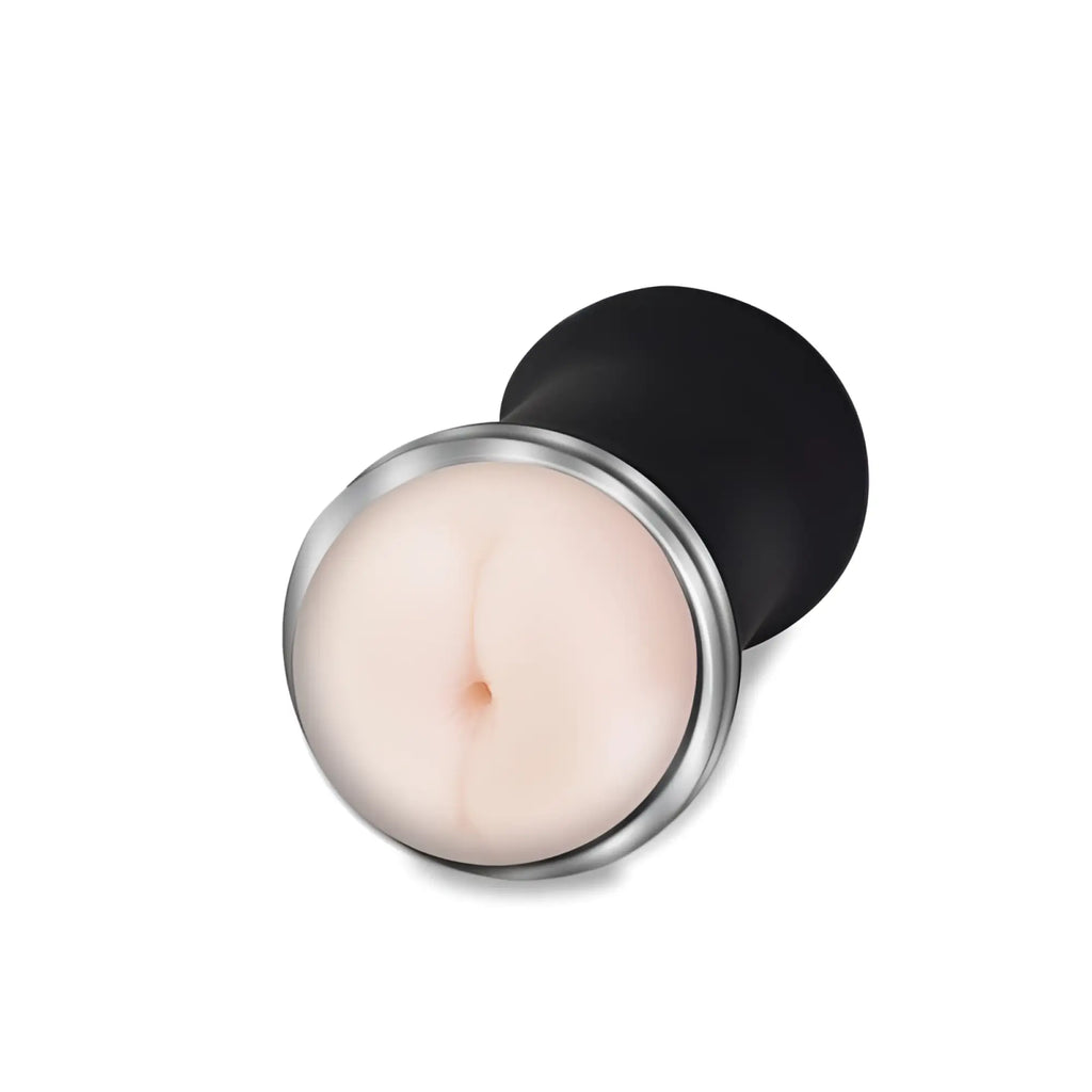 Black and silver silicone anal plug with realistic flesh-colored texture from zolo zolo dp stroker product line