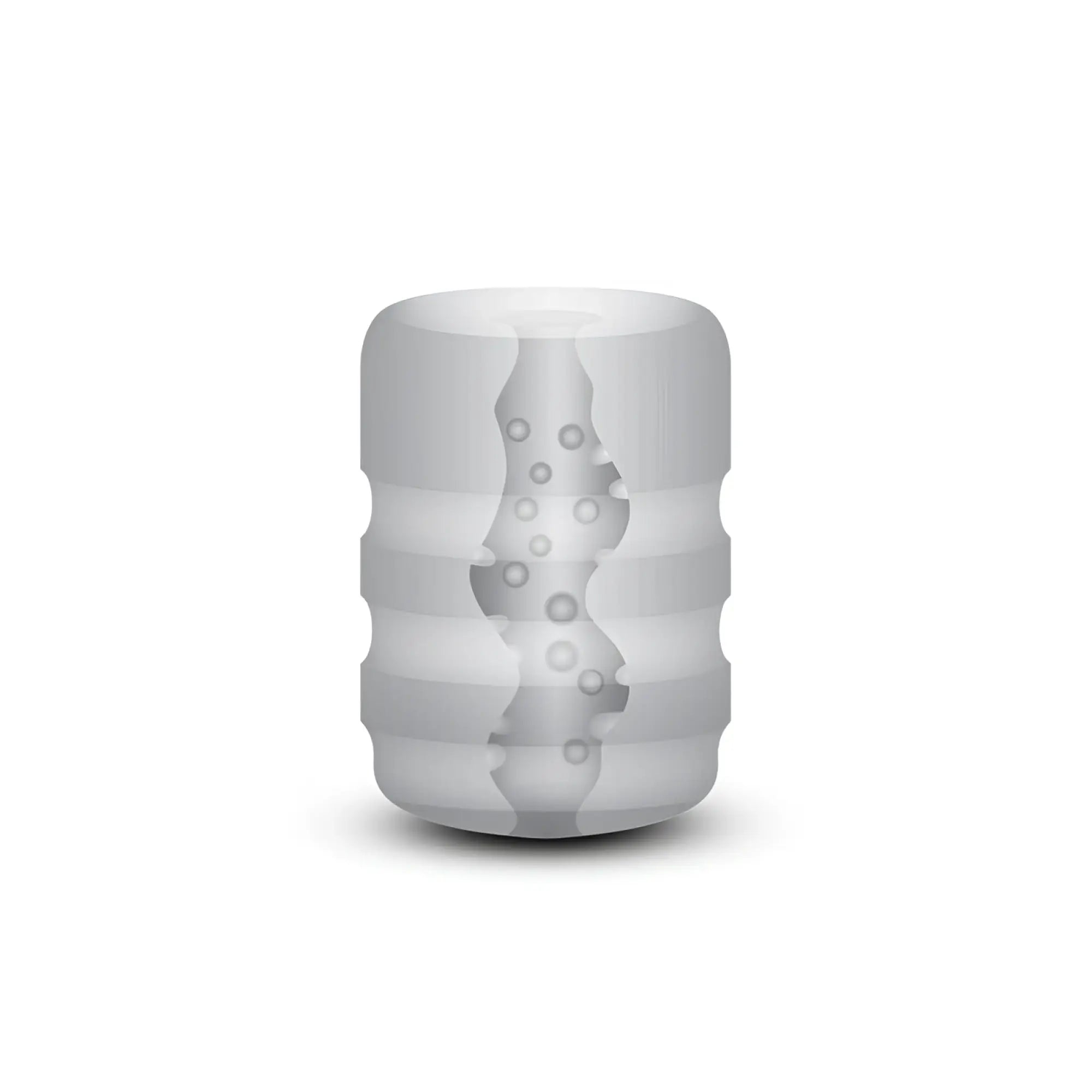 Gray silicone cylindrical zolo girlfriend pocket stroker with textured ridges and circular indentations for grip