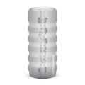 Gray silicone cylindrical zolo girlfriend squeezable vibrating stroker with textured ridges and central channel indentations