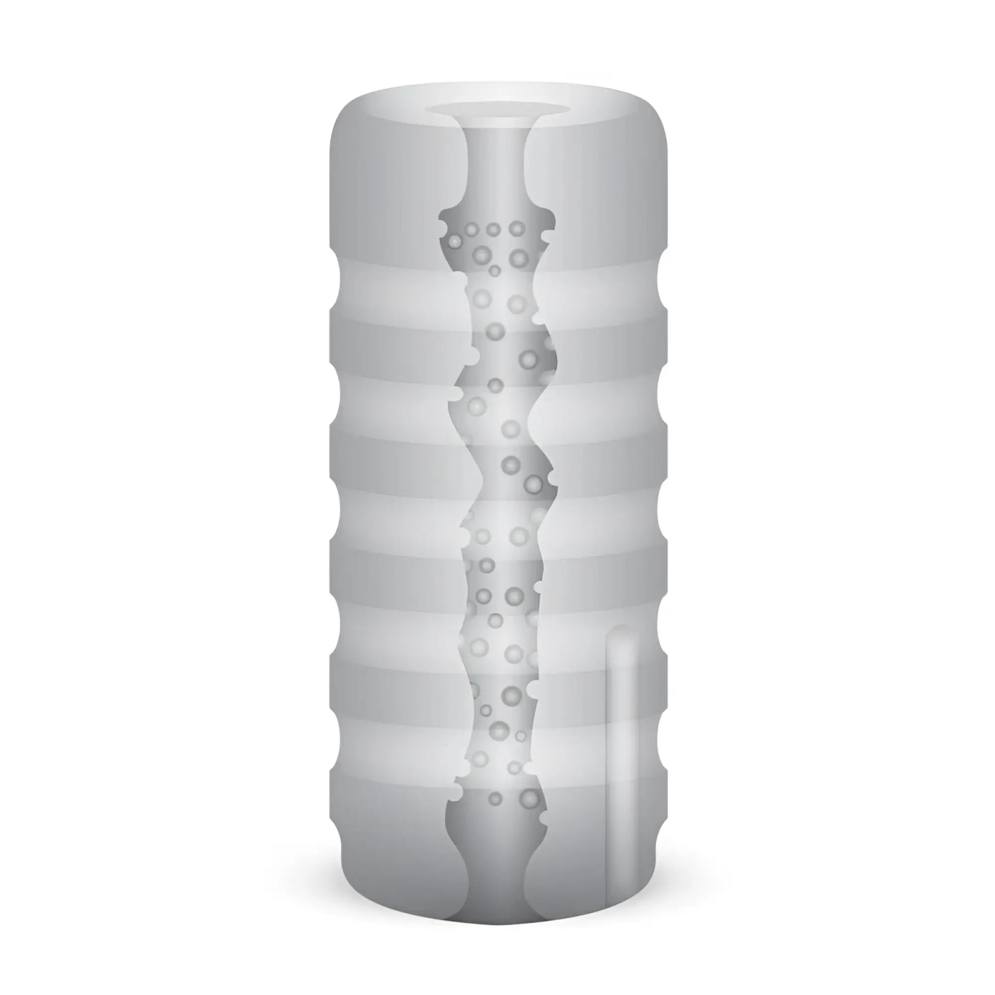 Gray silicone cylindrical zolo girlfriend squeezable vibrating stroker with textured ridges and central channel indentations
