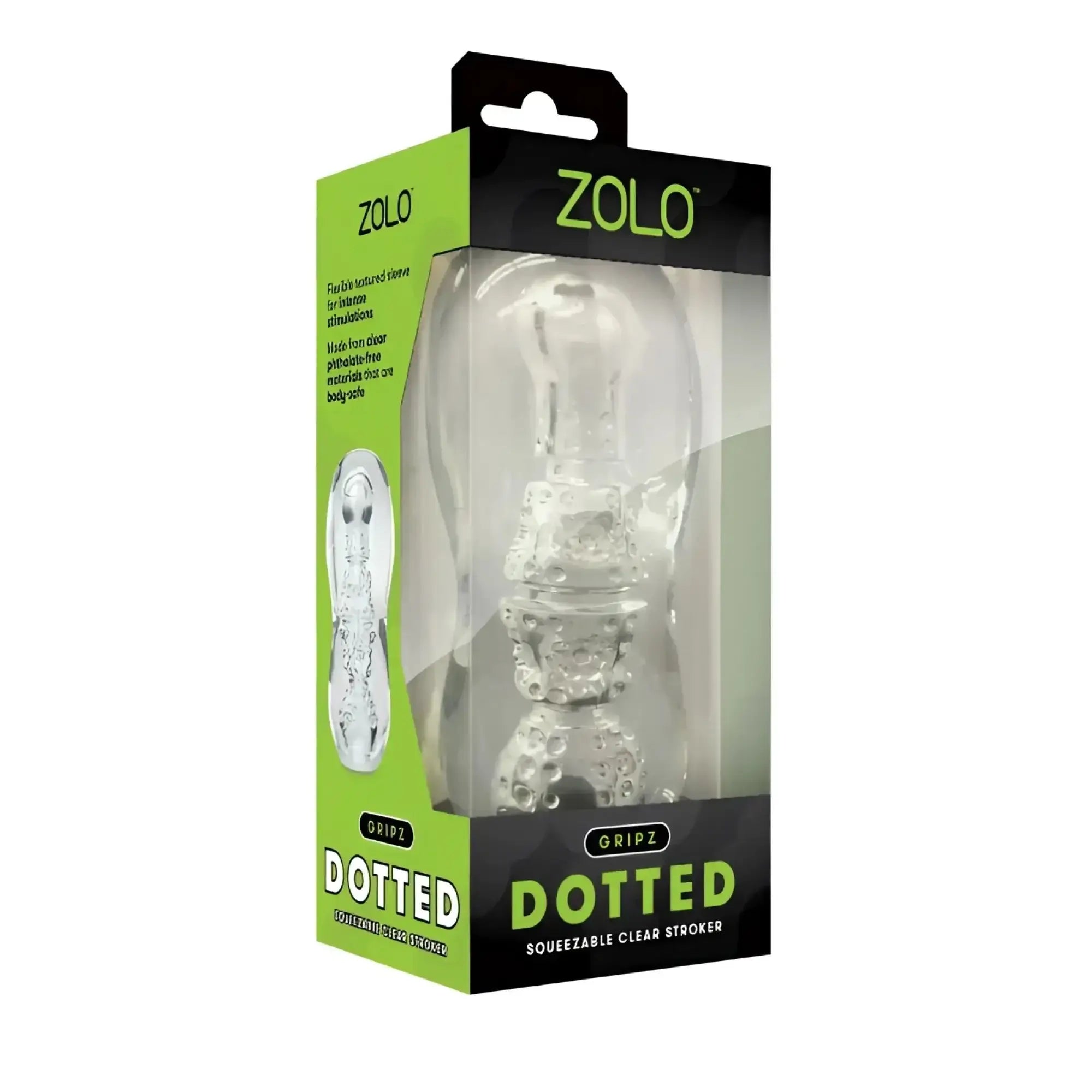 Clear silicone stroker with dotted texture in zolo gripz dotted package for enhanced grip and sensation