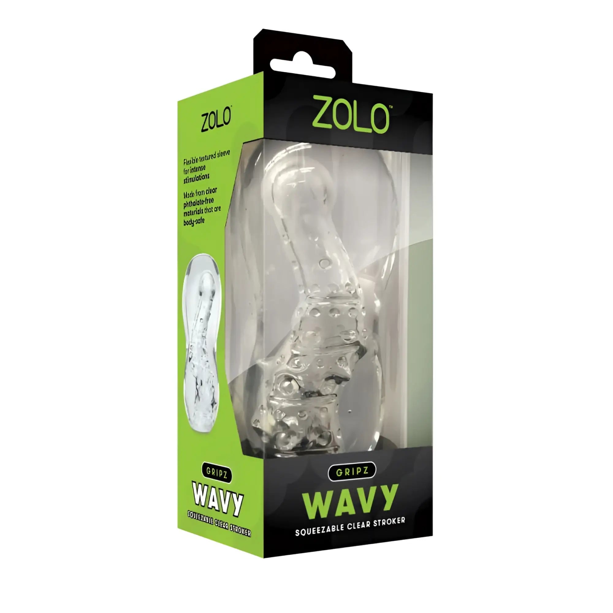 Clear transparent silicone wavy stroker with textured bumps and ridges from ZOLO Zolo Gripz Wavy collection
