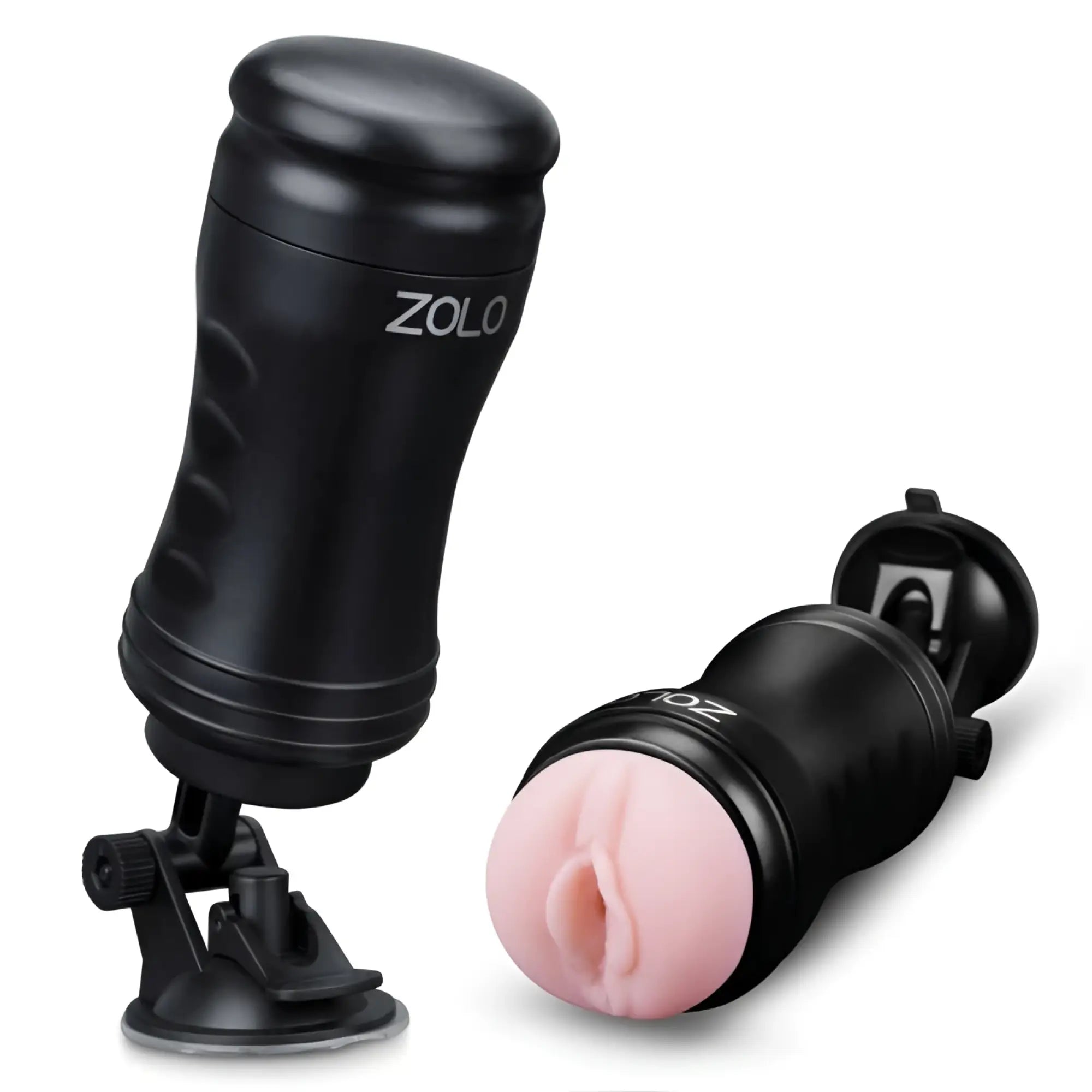 Black zolo handsfree flesh masturbator with a pink silicone head and textured grip for adult use