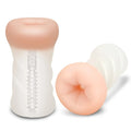 Peach-colored silicone dildo with white textured zipper-like base shown from back side in zolo clear backdoor product