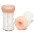 Peach-colored silicone dildo with white textured zipper-like base shown from back side in zolo clear backdoor product