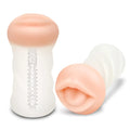 Peach-colored silicone mouth-shaped Zolo Masturbator clear deep throat with white translucent body and internal zipper design
