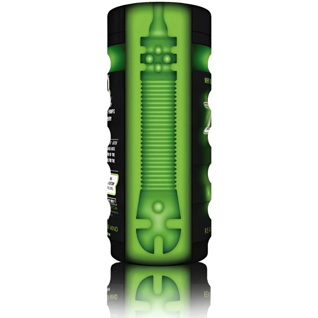 Green and black textured ribbed cylindrical device of ZOLO Zolo The Original Cup designed for easy grip and durability