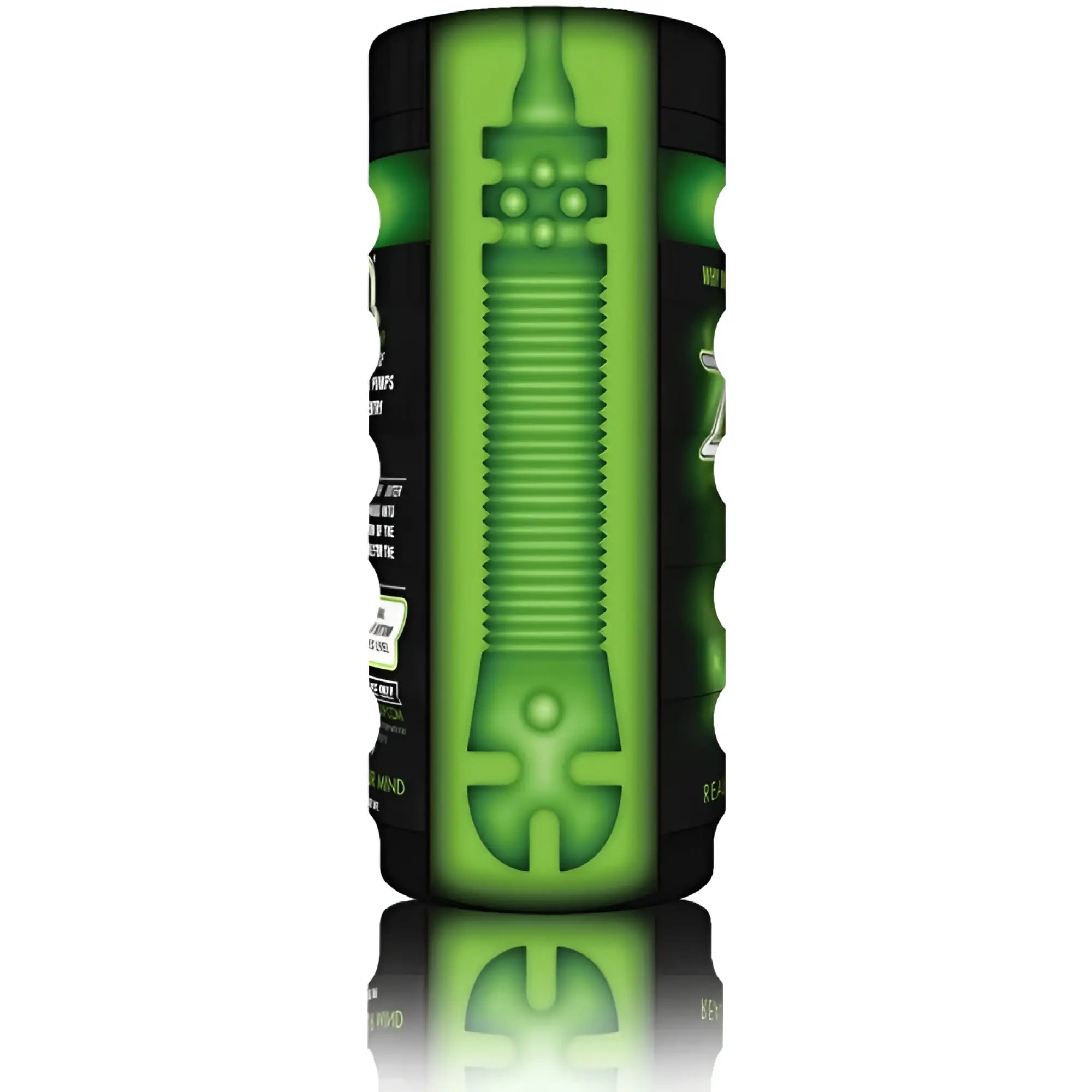 Green and black textured ribbed cylindrical device of ZOLO Zolo The Original Cup designed for easy grip and durability