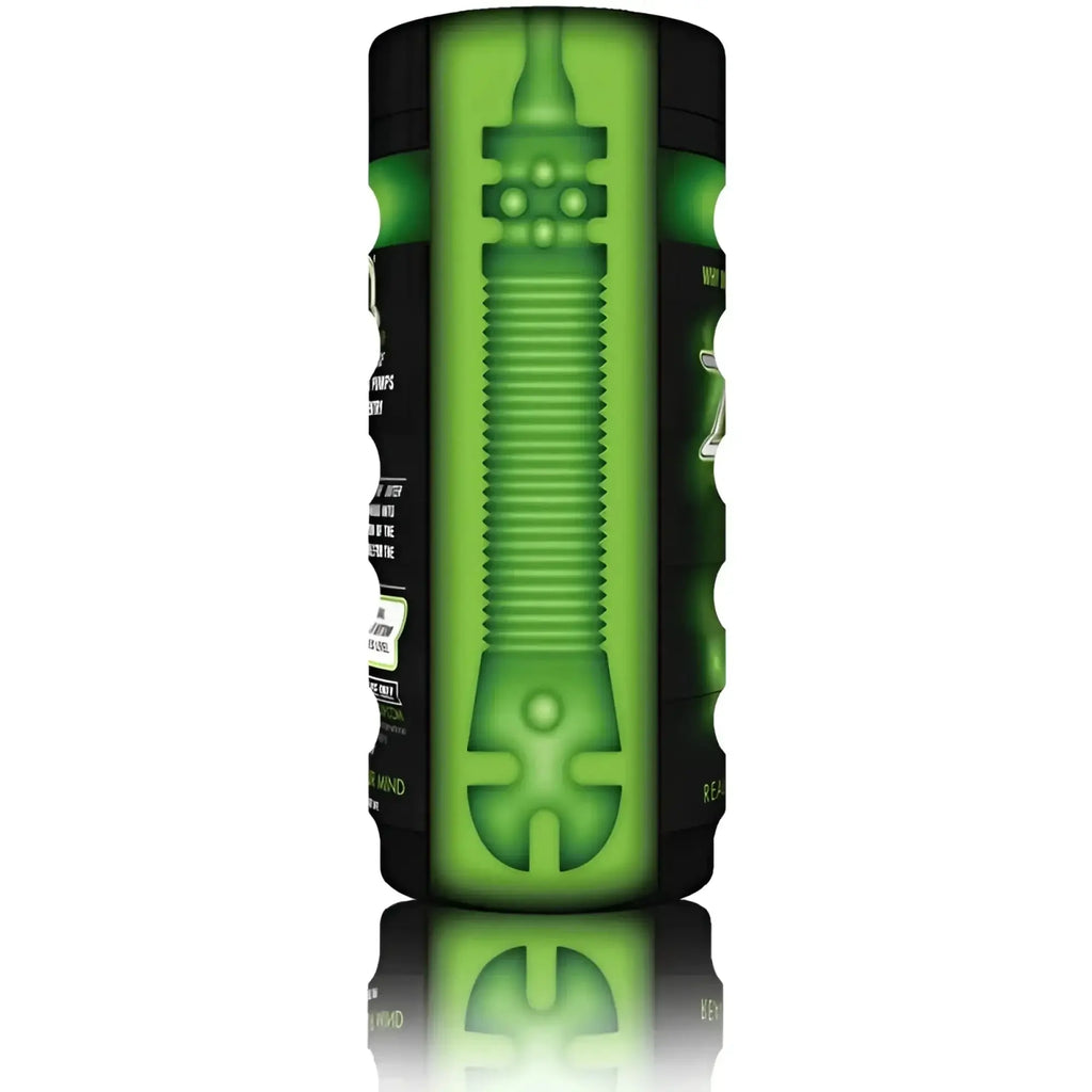 Green and black textured ribbed cylindrical device of ZOLO Zolo The Original Cup designed for easy grip and durability