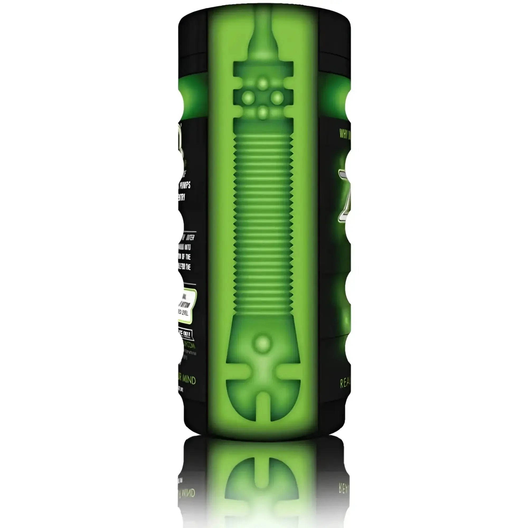 Green and black textured ribbed cylindrical device of ZOLO Zolo The Original Cup designed for easy grip and durability
