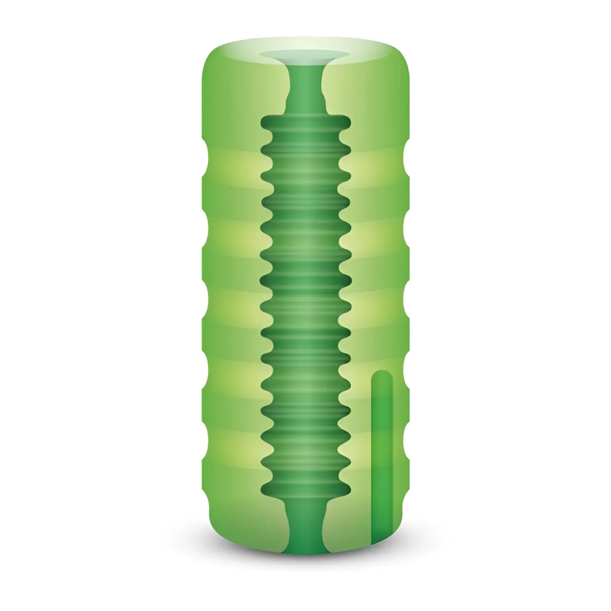 Green translucent silicone cylindrical insert with ridged texture and central channel for Zolo original squeezable vibrating stroker