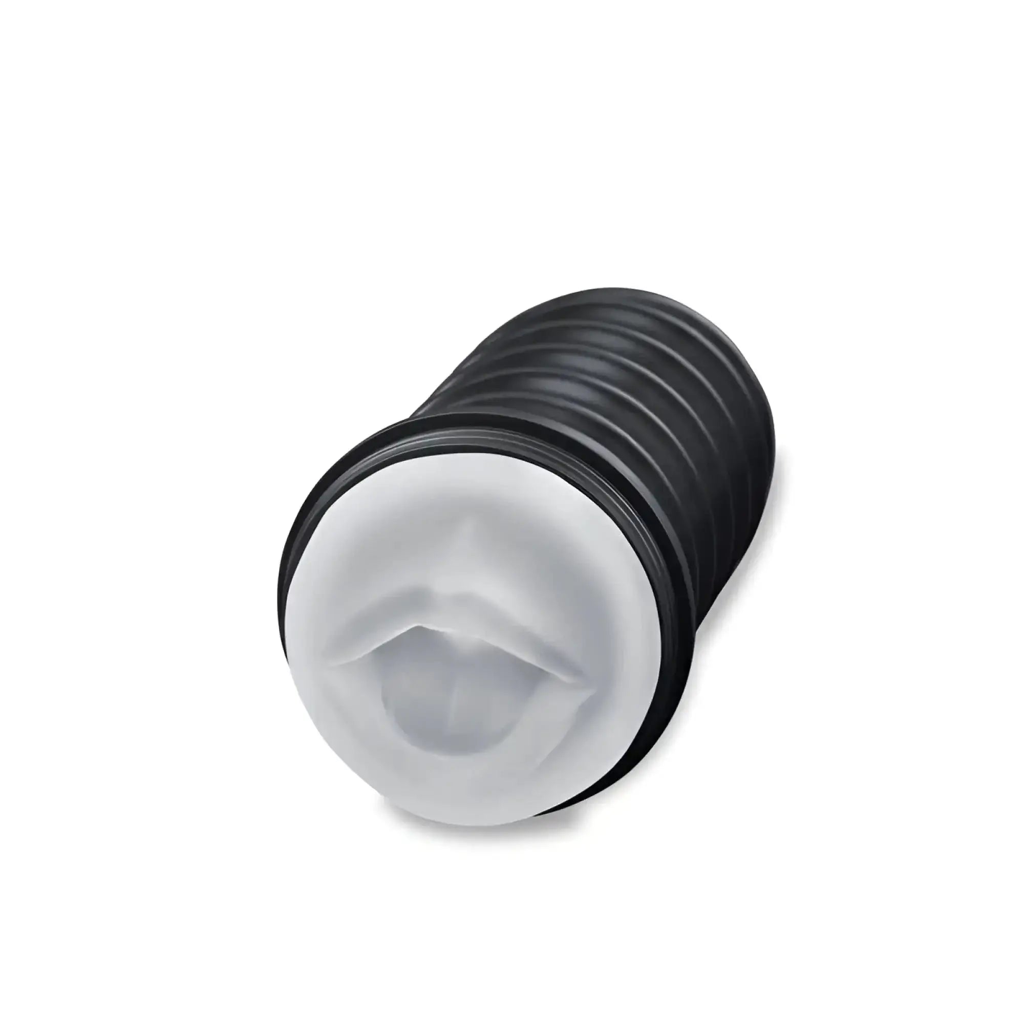 Black and translucent silicone ribbed oral sex toy zolo the perfect deepthroat masturbator shown from the back side