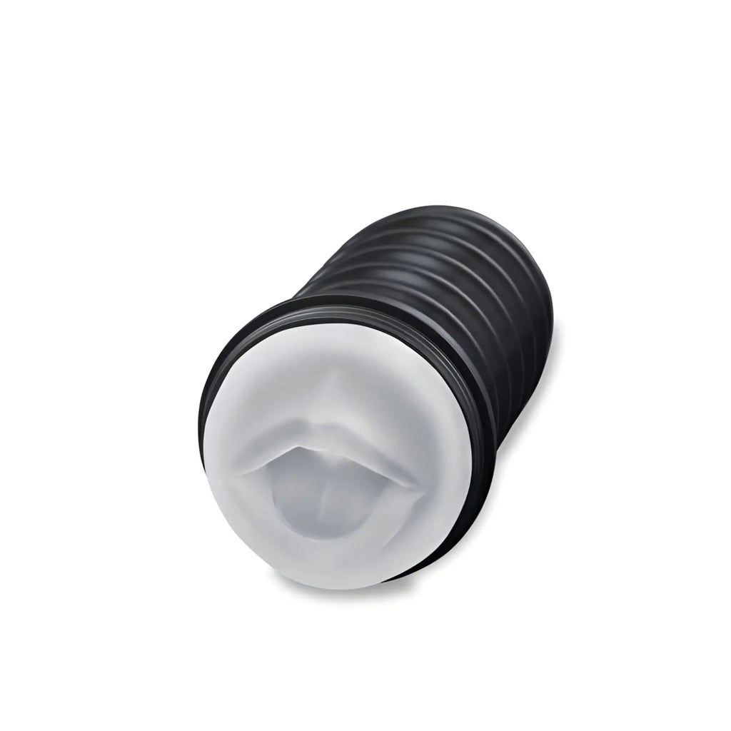 Black and translucent silicone ribbed oral sex toy zolo the perfect deepthroat masturbator shown from the back side