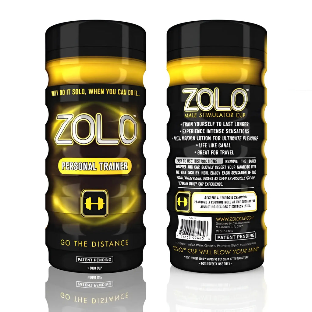 Zolo personal trainer male stimulator cup in sleek black and gold cylindrical container with bold yellow branding