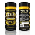 Zolo personal trainer male stimulator cup in sleek black and gold cylindrical container with bold yellow branding