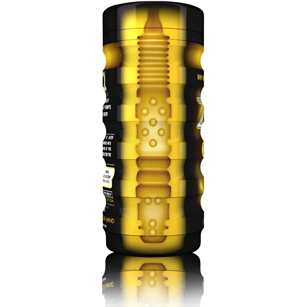 Yellow and black textured cylindrical personal trainer cup with ribbed design by zolo for fitness use