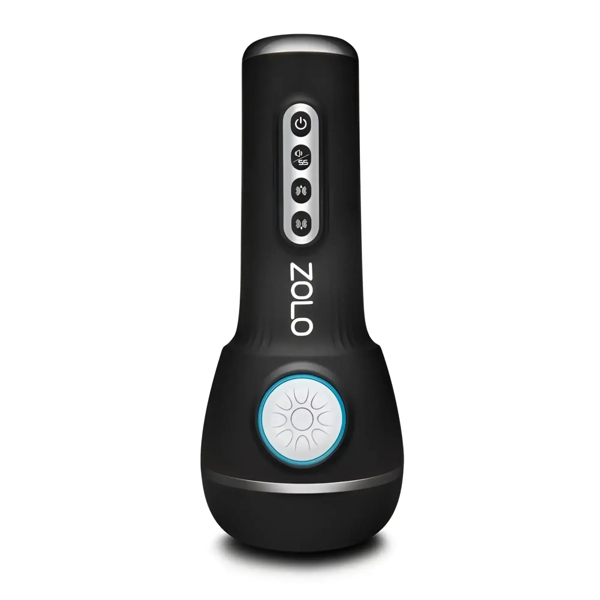 Black ZOLO Zolo power stroker personal massager with sleek ergonomic design silver buttons and blue-lit circular base