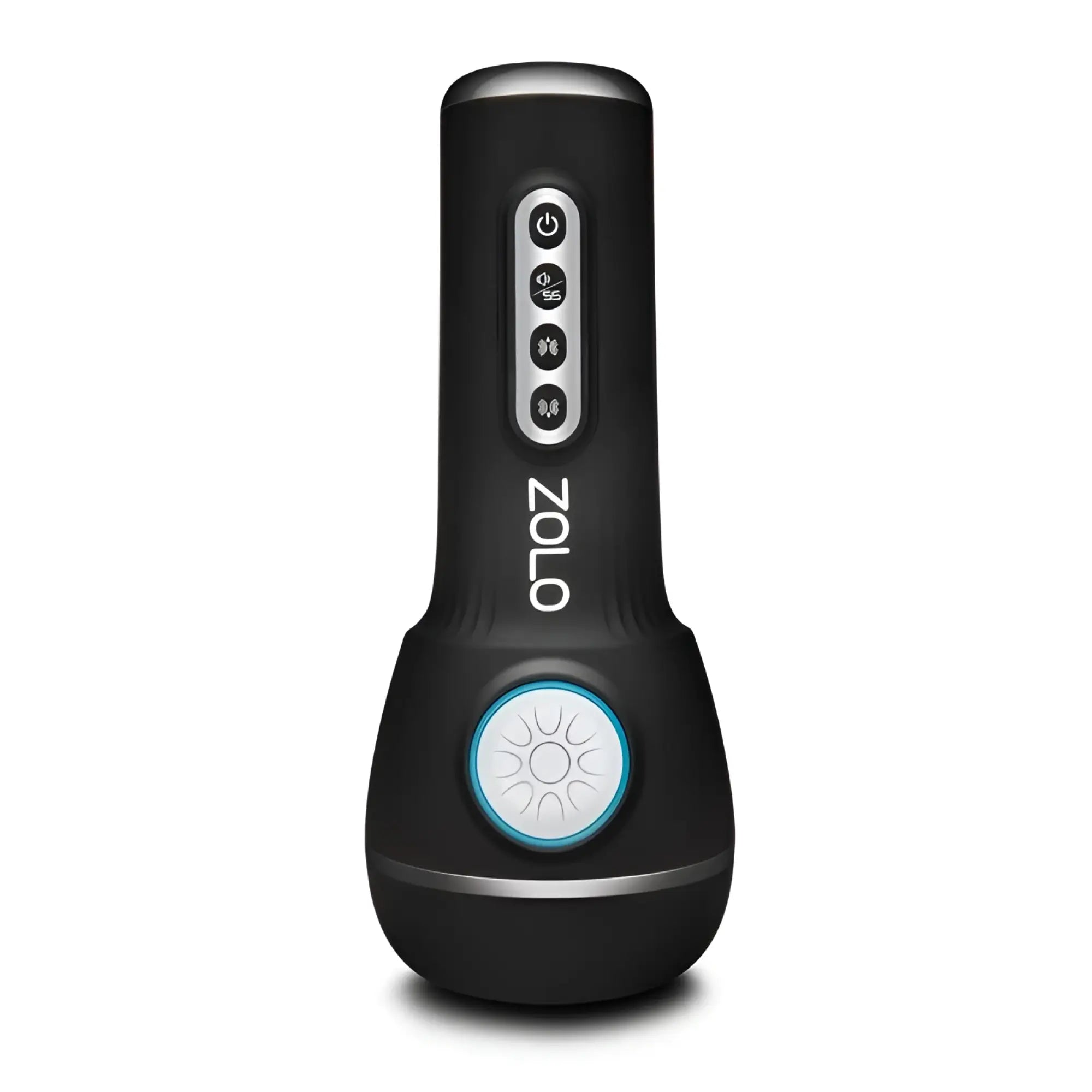 Black ZOLO Zolo power stroker personal massager with sleek ergonomic design silver buttons and blue-lit circular base
