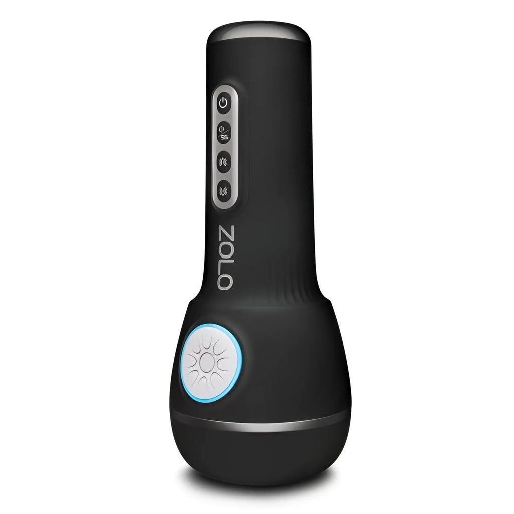 Black zolo power stroker personal pleasure device with sleek cylindrical design silver buttons and blue glowing light base