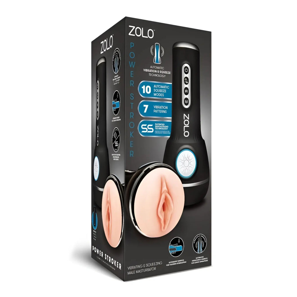 Black ZOLO Zolo Power Stroker male masturbator with sleek ergonomic design and silver accents for powerful stimulation