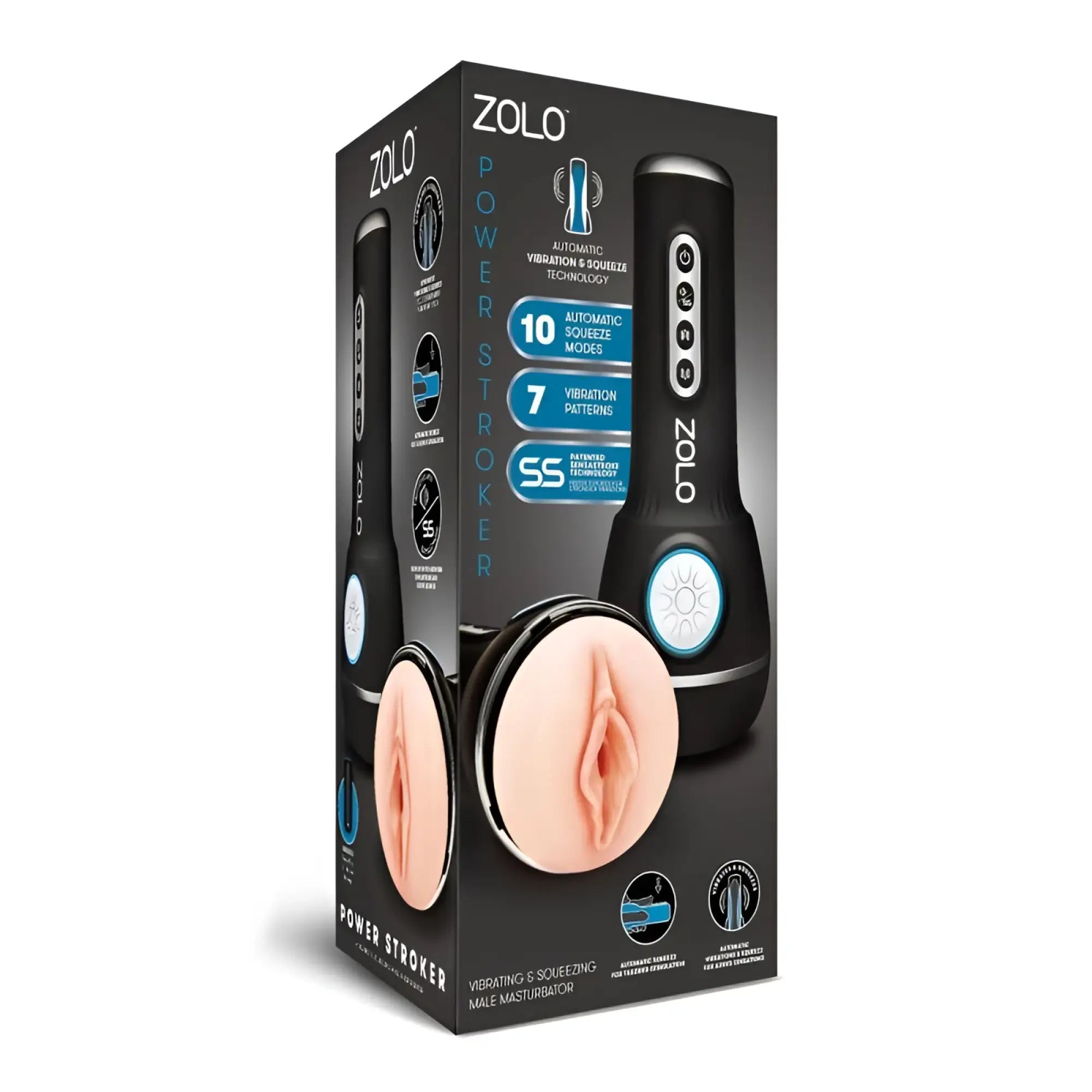Black ZOLO Zolo Power Stroker male masturbator with sleek ergonomic design and silver accents for powerful stimulation