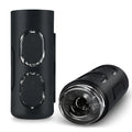 Black cylindrical ZOLO Strokemeister masturbator with transparent circular panels and clear front chamber for adult use