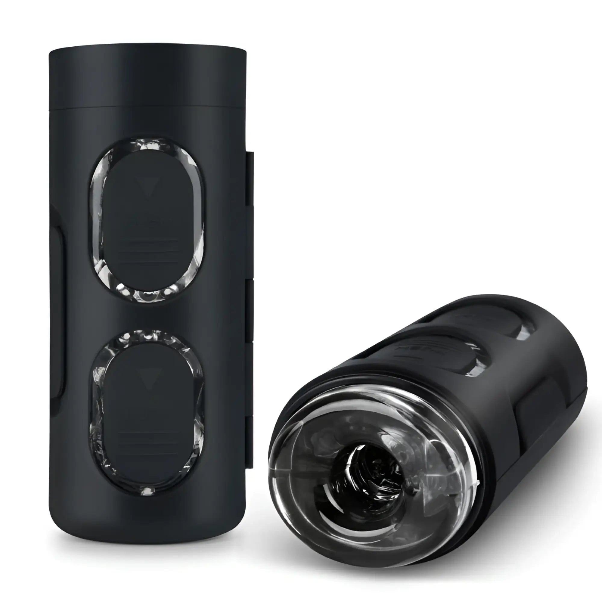 Black cylindrical ZOLO Strokemeister masturbator with transparent circular panels and clear front chamber for adult use