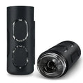 Black cylindrical ZOLO Strokemeister masturbator with transparent circular panels and clear front chamber for adult use