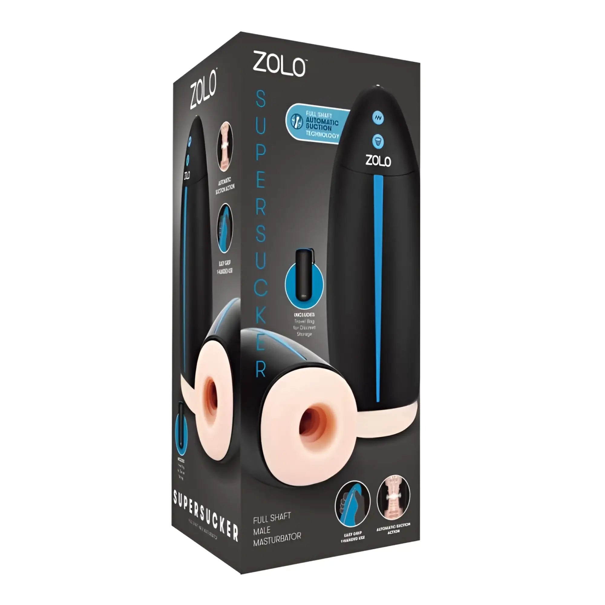 Black and blue zolo supersucker male masturbator with sleek ergonomic design for enhanced pleasure and comfort