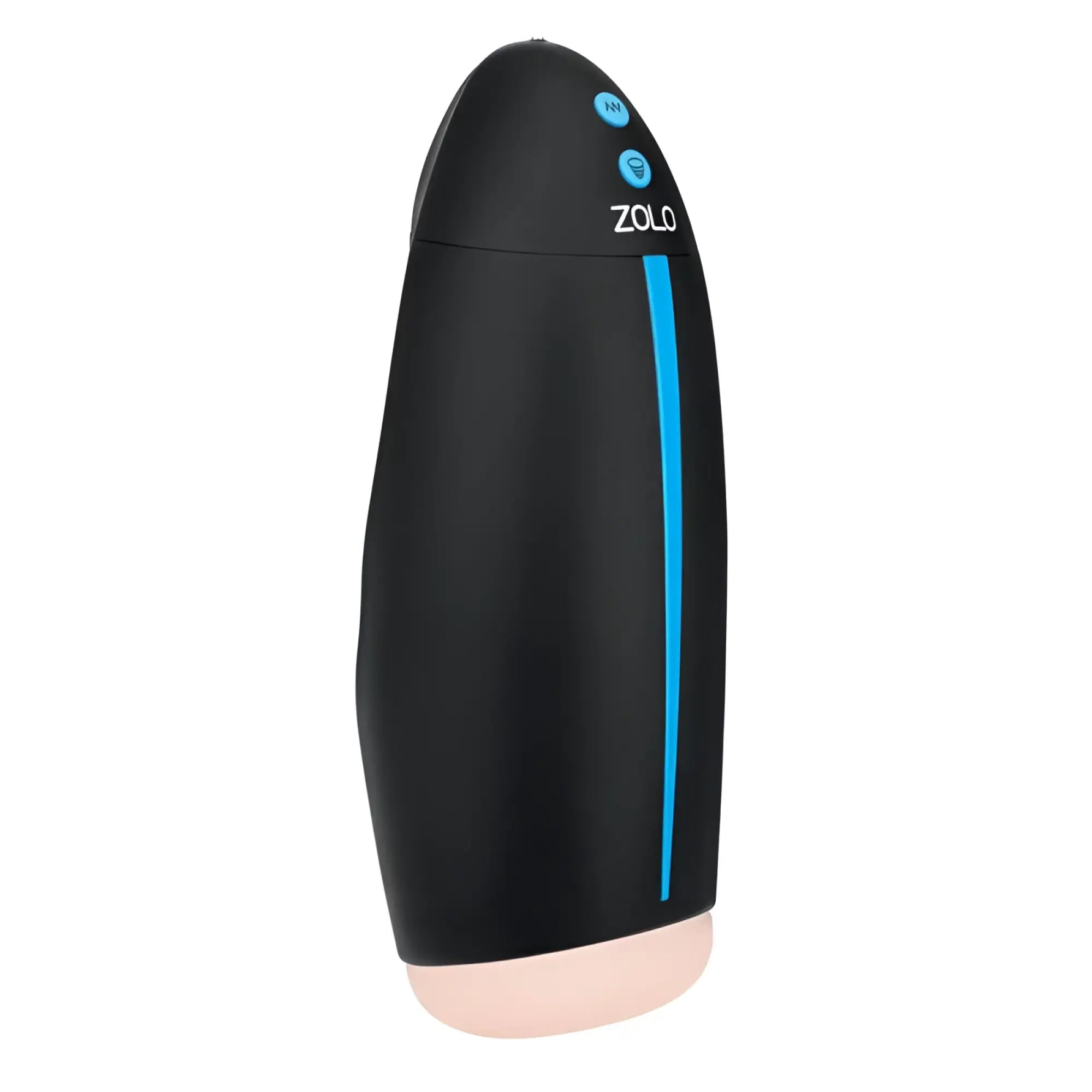 Black zolo zolo supersucker adult toy with sleek elongated design featuring vertical blue stripe and two blue control buttons